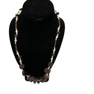 Vintage Wooden & White Beaded Necklace With Gold-Tone Clasp